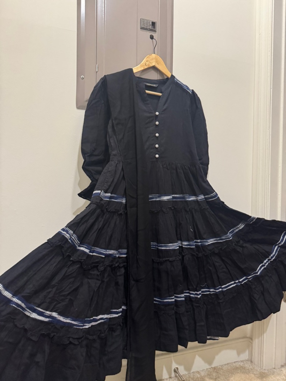 Black Long-Sleeve Tiered Button Dress with Contrast Stripes